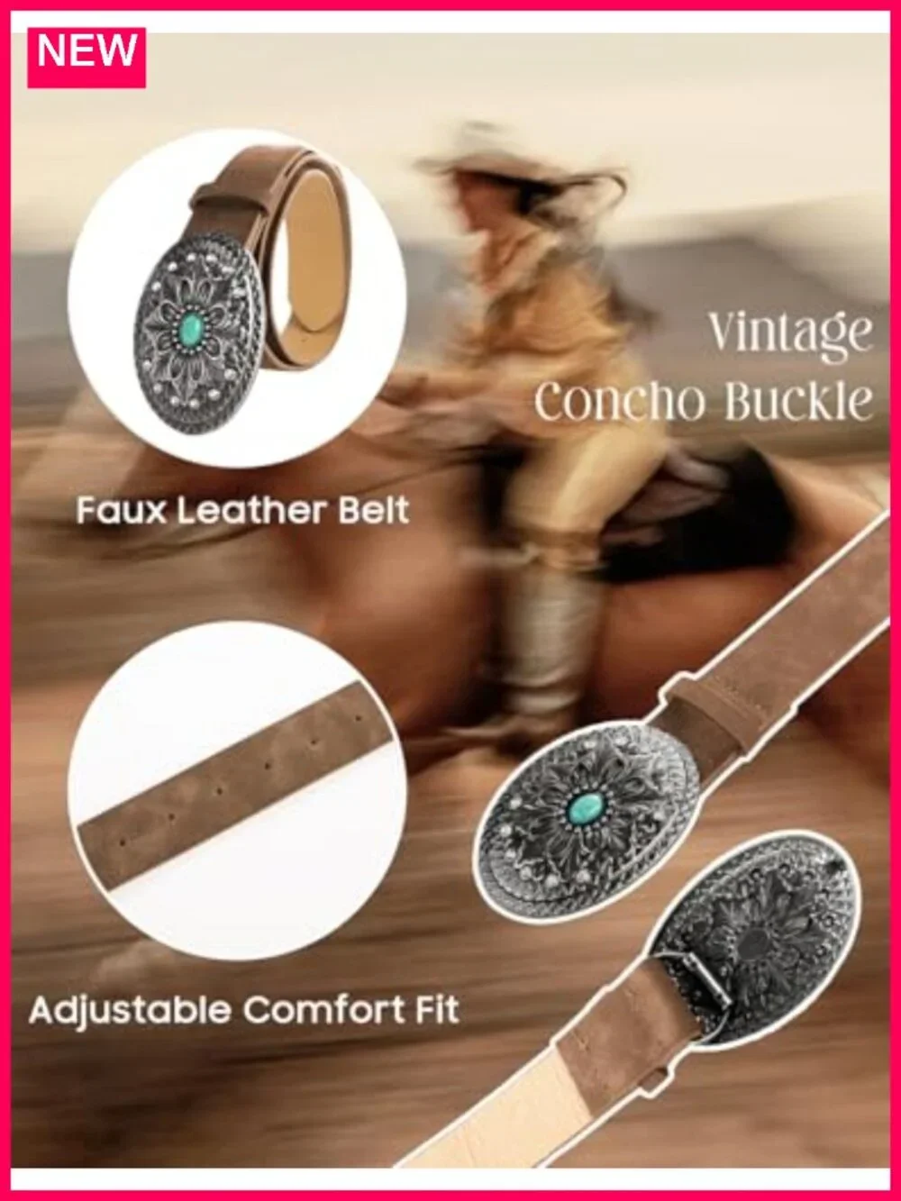 Western Belt with Turquoise Rhinestone Buckle, Vegan Leather, Fits 26-40 Inch